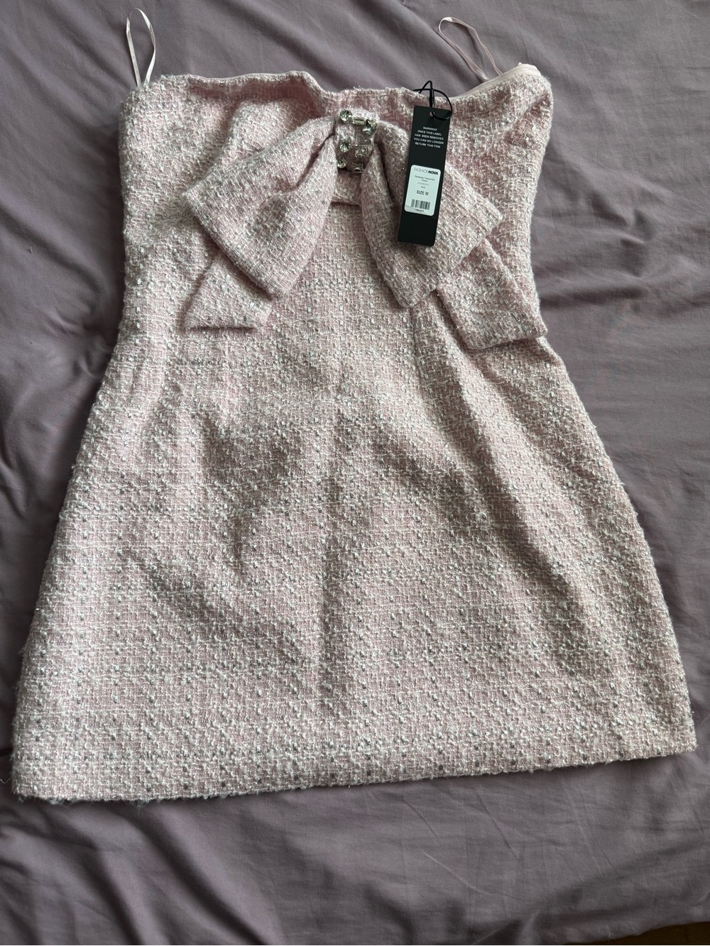 Fashion Nova Pink Strapless Tweed Mini Dress with Bow